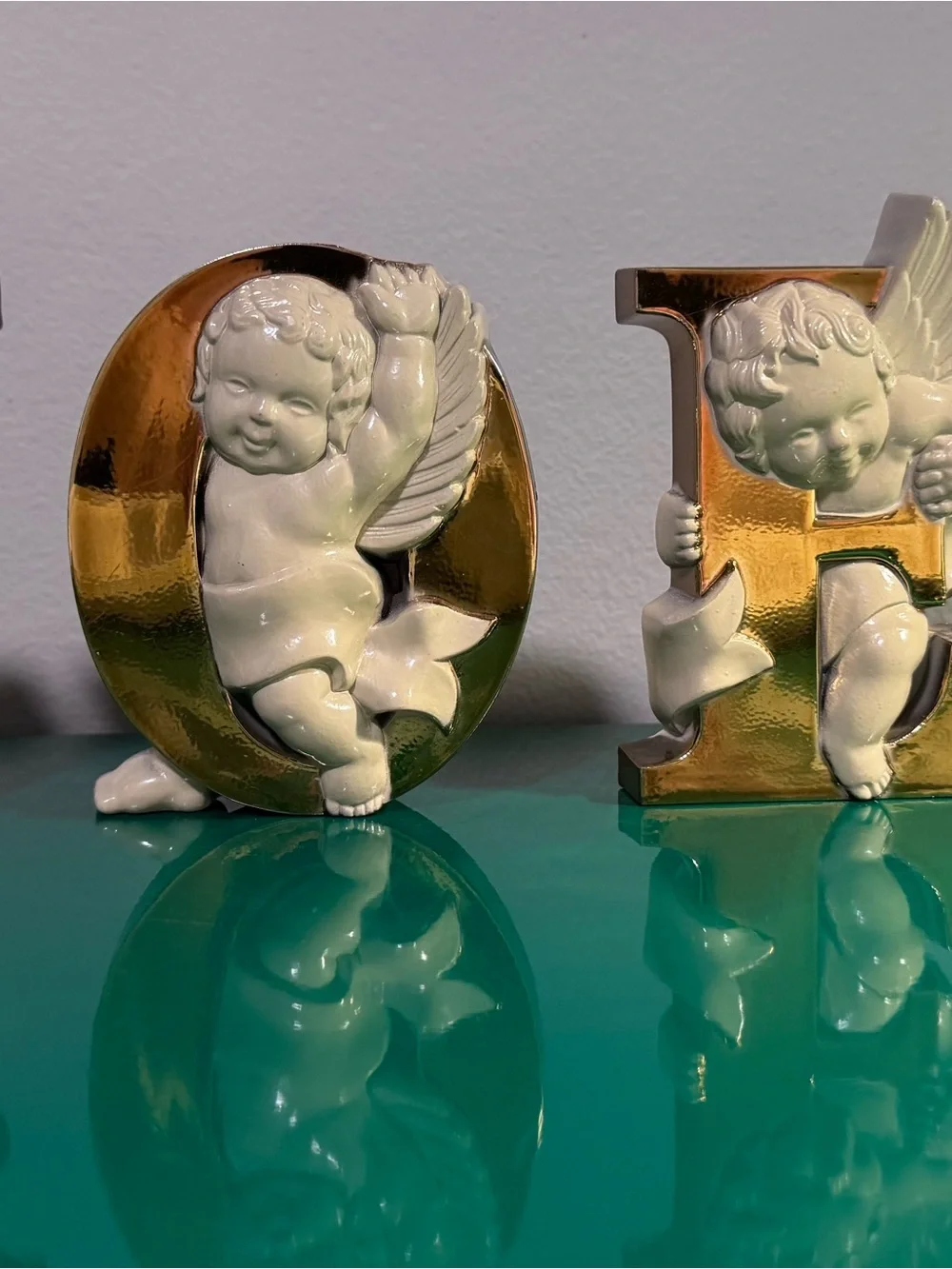 Vintage Christmas MCM Gold NOEL Cherubs Burwood Angel Xmas Mantle Decor VNT
